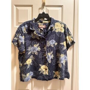 Vintage, "Caribbean Joe", Woman's Blouse, Blue/Flowers, Button's, Collar,‎ 1X.